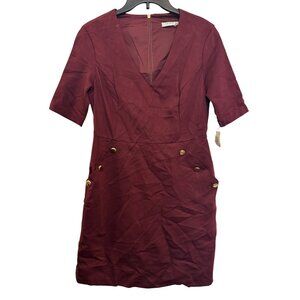 Trina Turk Burgundy Sheath Dress Womens Size 4 Short Sleeve Gold Details Rayon B